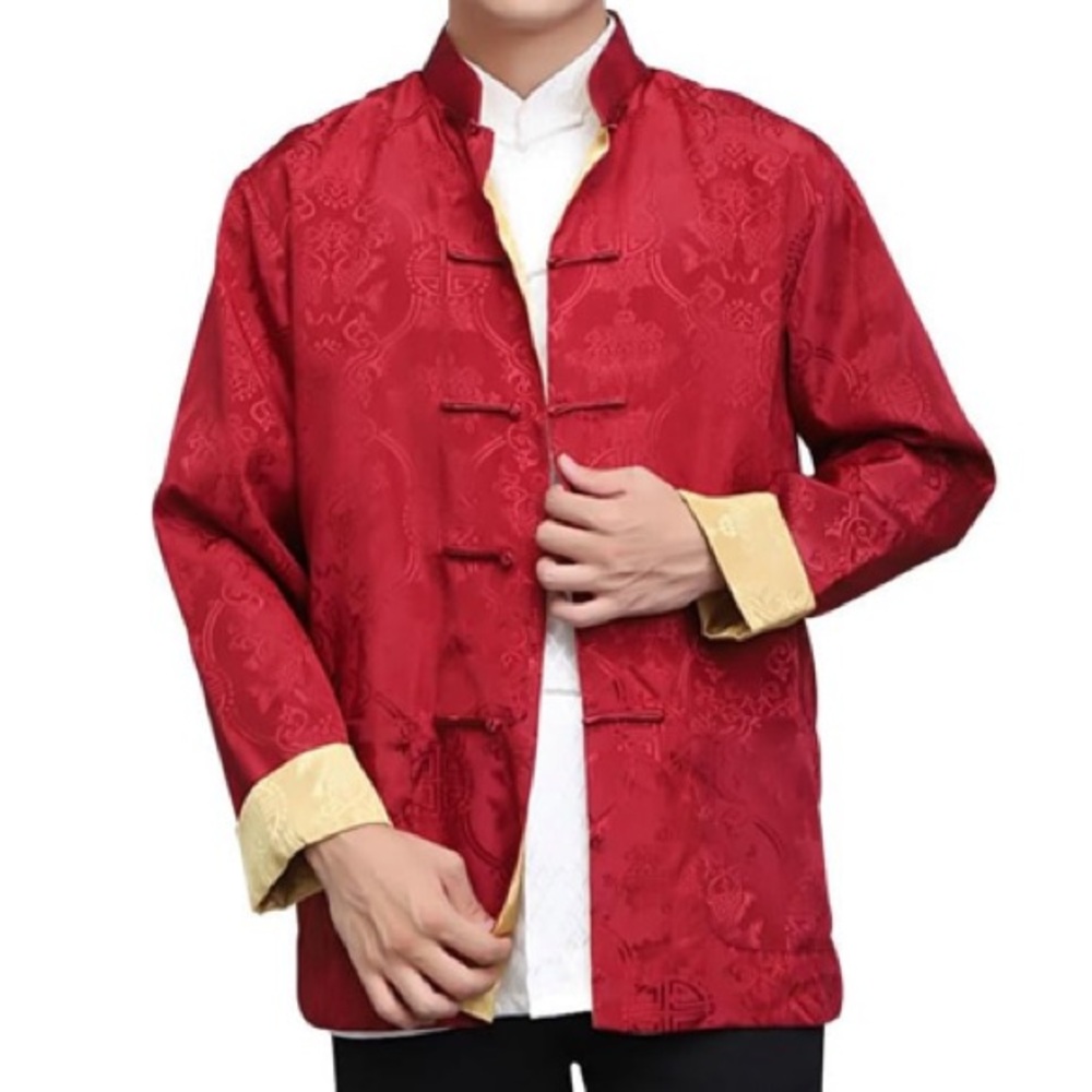 NWT men’s mandarin, reversible red and gold jacket. Measurements in description.